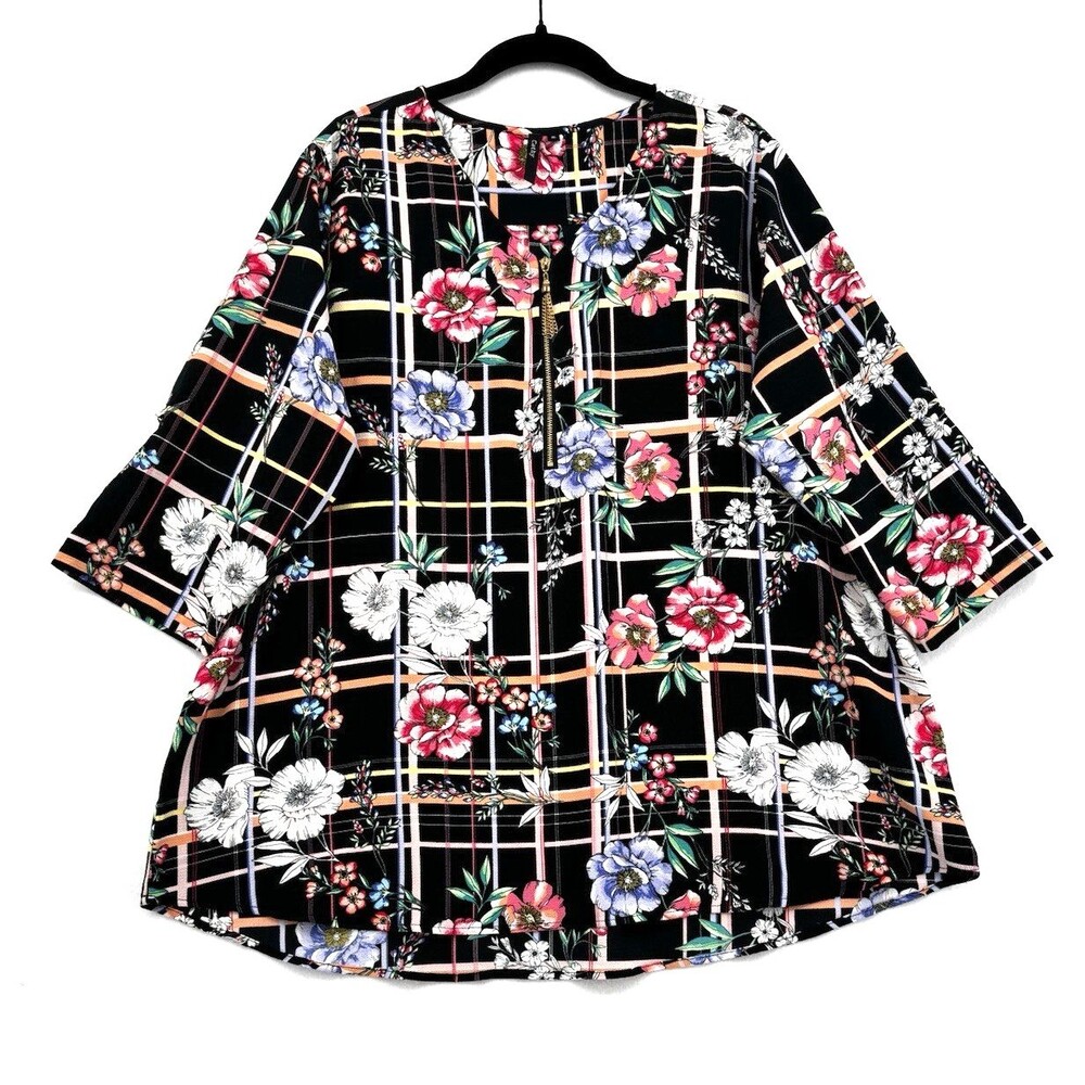 Cathy Floral Plaid Zip Front Blouse XL Black Multicolor Career Casual Chic Top